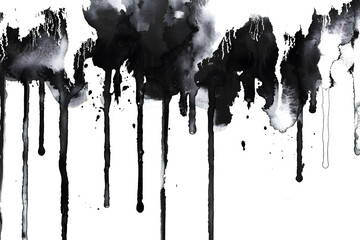 Black and white watercolor paint drips on transparent background.