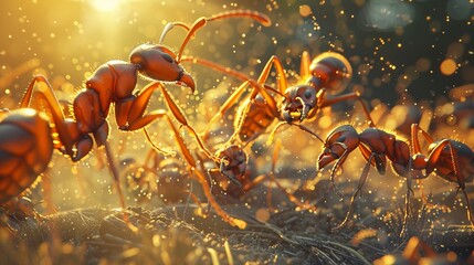 Ants battling over food, closeup shot, with a fashionforward backdrop 3DCG,high resulution - obrazy, fototapety, plakaty