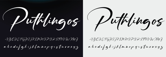 Lettering signature font isolated on grey background. brus style alphabet. Vector logo letters. - obrazy, fototapety, plakaty