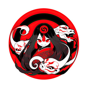 An illustration of a Futakuchi-onna ghost within a circle