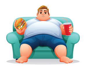 Fat man sitting on the sofa while holding burger and drink. Vector illustration isolated on white background