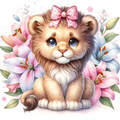 Fototapeta na wymiar Fluffy lion cub with a polka dot pink bow surrounded by soft pink lilies in a sweet illustration.
