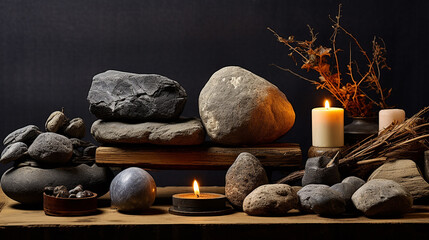 ancient stone massage with various size with candles - obrazy, fototapety, plakaty