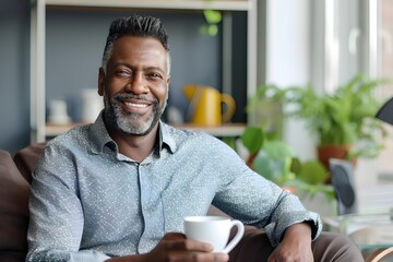 african old man is holding a cup of coffee or tea in the morning at home before starting work