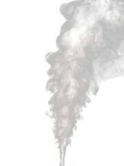 Jet of white smoke rises, streams and forms tubers isolated on a transparent background