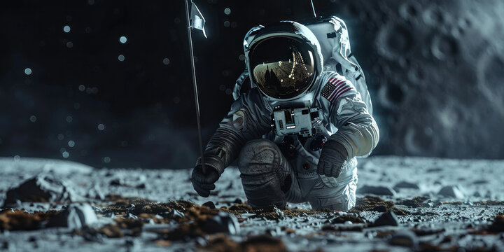 Exploring the Lunar Landscape Astronaut Celebrates Success with Arms Raised on the Moon's Surface