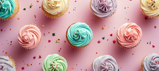 Flat lay of colorful pastel birthday cupcakes, pastel pattern background