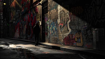 A lone figure walks down a dimly lit street their silhouette casting a shadow on the intricate and...