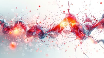 Vector illustration of human cells, glands, and neurons intertwined with proteins and DNA strands, alongside blood cells on a clean white background