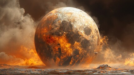 Melting Planet Earth settling into the parched ground of a desolate environment, a stark representation of global warming