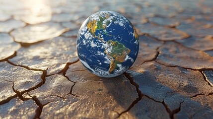 Melting Planet Earth settling into the parched ground of a desolate environment, a stark representation of global warming