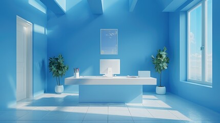 Modern office interior with bright blue walls, sleek white furniture, and large windows allowing ample natural light.