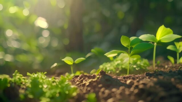 Growth of young green plants. 4k video animation