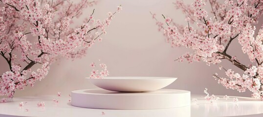minimal product display white podium with cherry blossom background, mockup