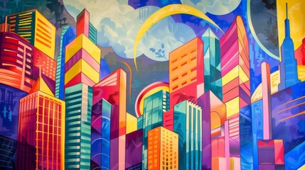 A mural featuring a stylized cityscape of towering skysers and bustling streets serves as both a welcome sign and a testament to the vibrant energy of the urban landscape. - obrazy, fototapety, plakaty
