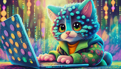 Oil painting style baby cat hacker hands using laptop with creative binary cod