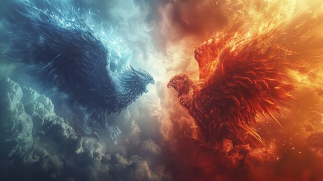 A warrior facing Satan in a humorous showdown, both poised like heroes in a quirky, epic battle