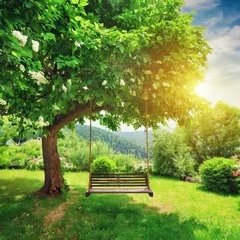Gardinen Tranquil Summer Day: Green Garden Oasis with Swing " Green tree in garden with swing. Perfect landscape background © Albaloshi