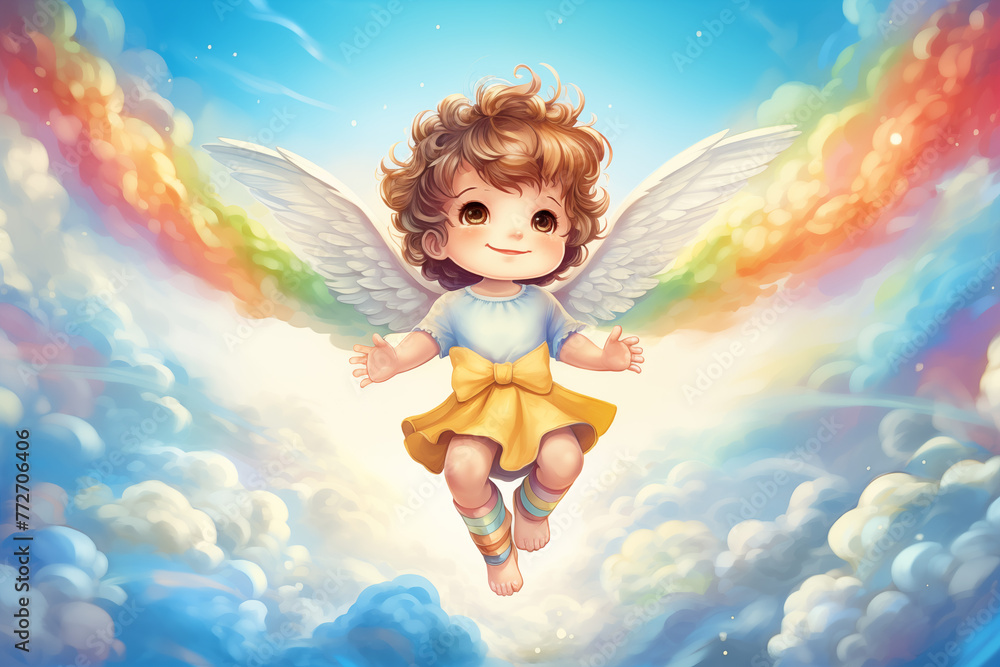 Wall mural Happy child with white wings on sky playing with joy on colorful rainbow in the sky. World Children's Day. Shelter for children concept. Kid banner, birthday greeting card, template with copy space