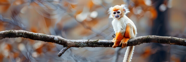 A monkey sits on an orange,A monkey sitting on a tree branch looking at the camera - obrazy, fototapety, plakaty