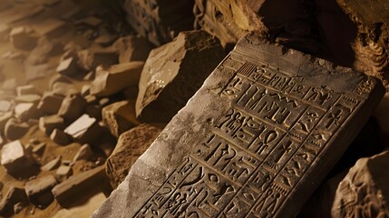 Ancient Scribes' Hieroglyphics Etched in Stone Tablet - obrazy, fototapety, plakaty