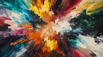 Splashes of color burst from the center creating a dynamic abstract explosion.