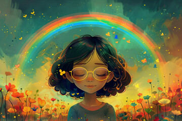 Smiling kid looking at colorful rainbow. Magic beautiful spring or summer day. Autism Awareness Day. LGBTQ family child. Pride day, LGBT family