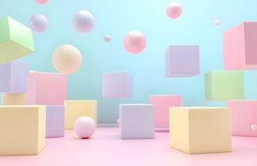 Three dimensional render of pastel colored cubes and floating sphere