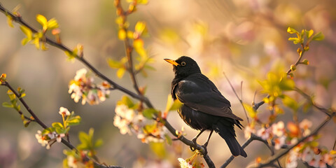 Blackbird sitting on the branch in the early spring forest, nature background, animals in the wild.AI Generative
