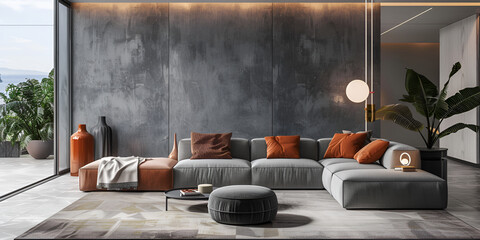 A masculine living room with a leather sectional sofa a dark wood coffee table.AI Generative 

