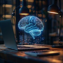Brain hologram hovering over open laptop
