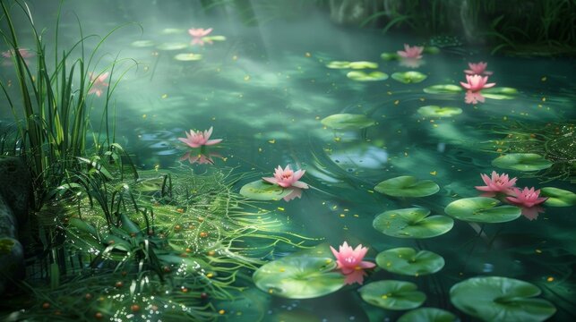 A dreamy podium image of a tranquil pond adorned with delicate floating petals of water lilies and fronds of seaweed creating a serene . .