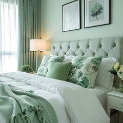 pastel green bedroom adorned with crisp, clean white and green pillows and blankets