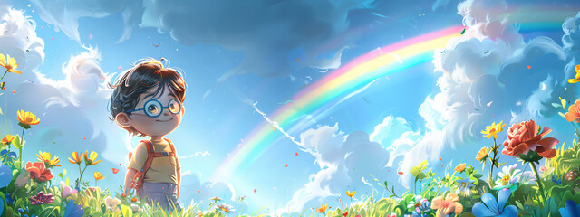 Smiling kid looking at colorful rainbow. Magic beautiful spring or summer day. Autism Awareness Day. LGBTQ family child. Pride day, LGBT family