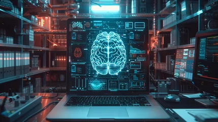 Muurstickers Open laptop casting brain hologram, dimly lit for concentration © Pairat