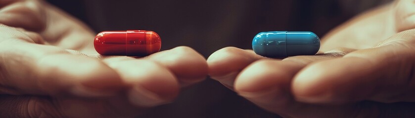 Red pill or blue pill in hand, choice of truth or illusion, vivid contrast, belief vs reality theme