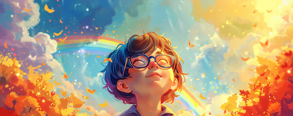 Smiling kid looking at colorful rainbow. Magic beautiful spring or summer day. Autism Awareness Day. LGBTQ family child. Pride day, LGBT family - obrazy, fototapety, plakaty