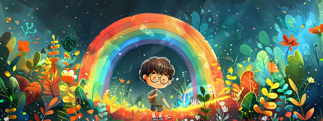 Smiling kid looking at colorful rainbow. Magic beautiful spring or summer day. Autism Awareness Day. LGBTQ family child. Pride day, LGBT family