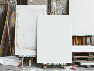 Two empty canvases with blank labels rest on wooden tripods, surrounded by the essence of an artist's workspace