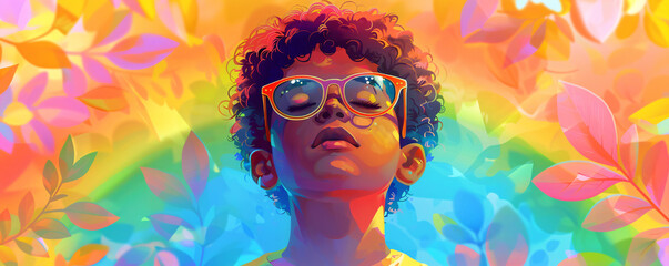 Smiling kid looking at colorful rainbow. Magic beautiful spring or summer day. Autism Awareness Day. LGBTQ family child. Pride day, LGBT family