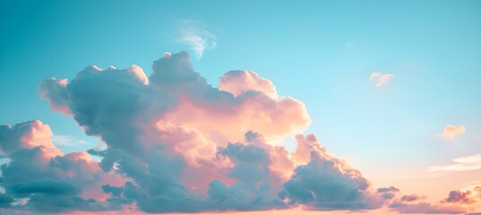 Serene blue sky with fluffy pastel pink clouds, copy space