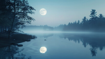 A mysterious lake its calm surface reflecting the glowing moon and creating an ethereal atmosphere. . . - obrazy, fototapety, plakaty