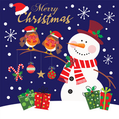 Christmas card design with cute snowman and robin bird