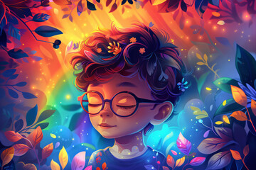 Smiling kid looking at colorful rainbow. Magic beautiful spring or summer day. Autism Awareness Day. LGBTQ family child. Pride day, LGBT family