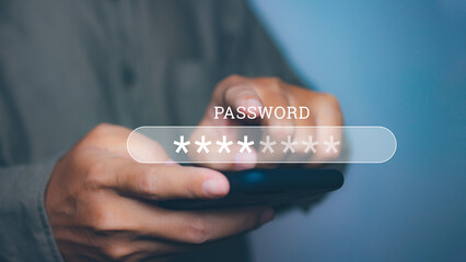 Man input password by smartphone. Cyber security and network protection.