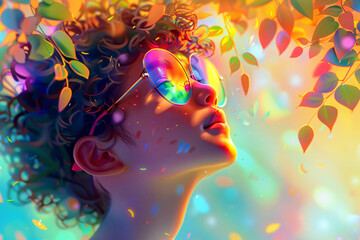 Smiling kid looking at colorful rainbow. Magic beautiful spring or summer day. Autism Awareness Day. LGBTQ family child. Pride day, LGBT family