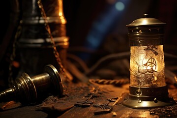 Close-up of a pirate's spyglass with treasure chest. - obrazy, fototapety, plakaty