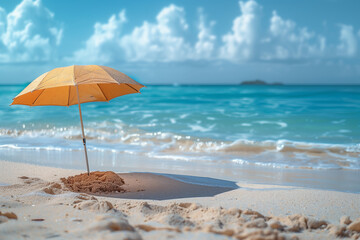 Yellow umbrella on beach, outdoors, water, blue, tropical climate