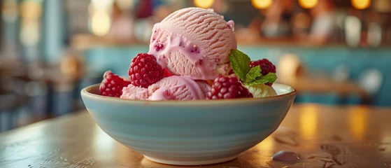 Poster Ice cream in bowl with raspberries, sweet food, fruit, summer, refreshment © antkevyv