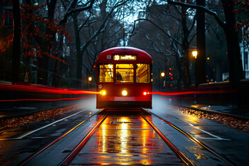 Red trolley on rainy night, blurred motion, mode of transport, speed, motion